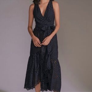 Maeve Black Eyelet Lace Open Back Midi Dress